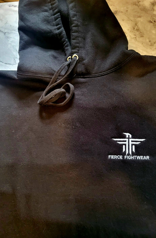 Black Hoodie White Embroidery Logo Adults
